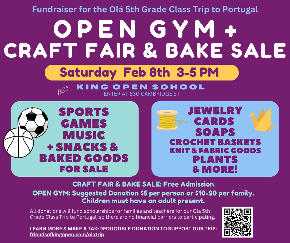 Open Gym & Craft Fair and Bake Sale flyer to raise funds for the Ola 5th Grade Class Trip to Portugal
