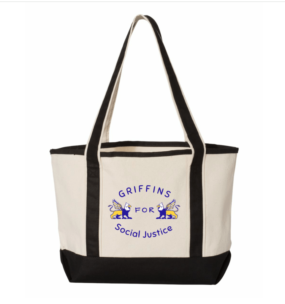 Picture of boat-and-tote style bag with "Griffins for Social Justice" and King Open school logo